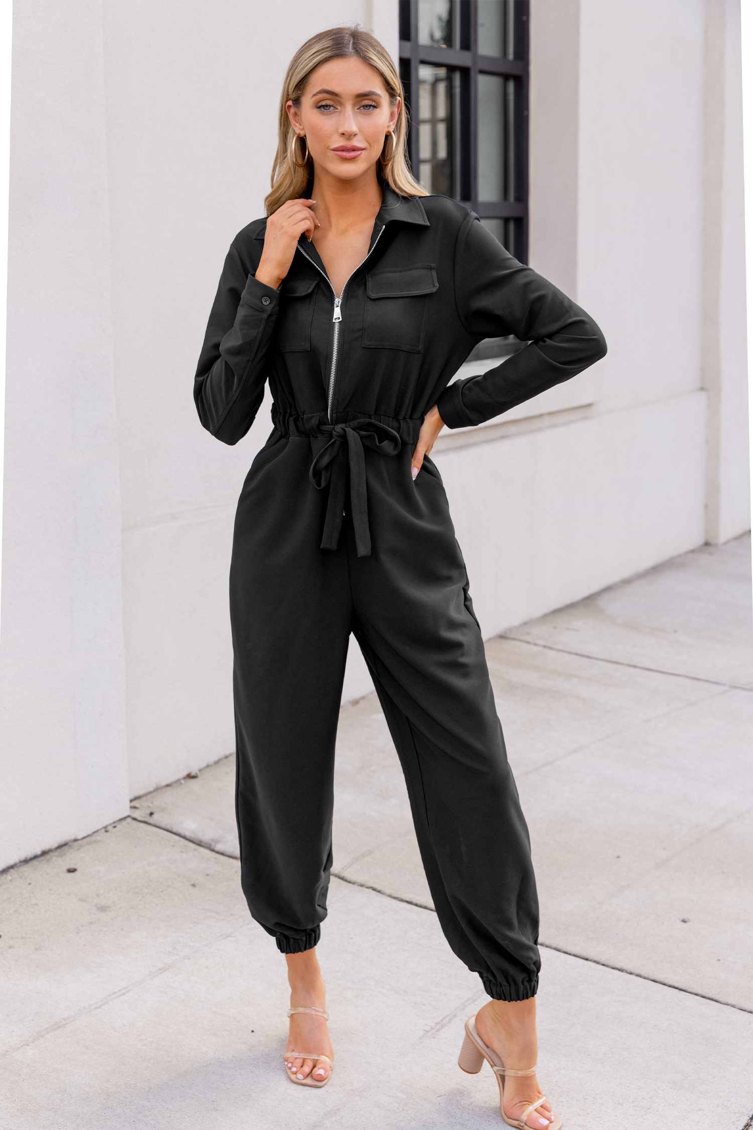 Black Collared Front Zipper Tapered Leg Jumpsuit