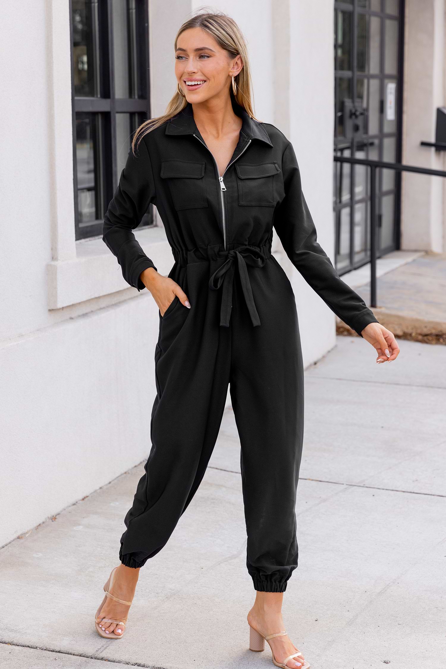Black Collared Front Zipper Tapered Leg Jumpsuit