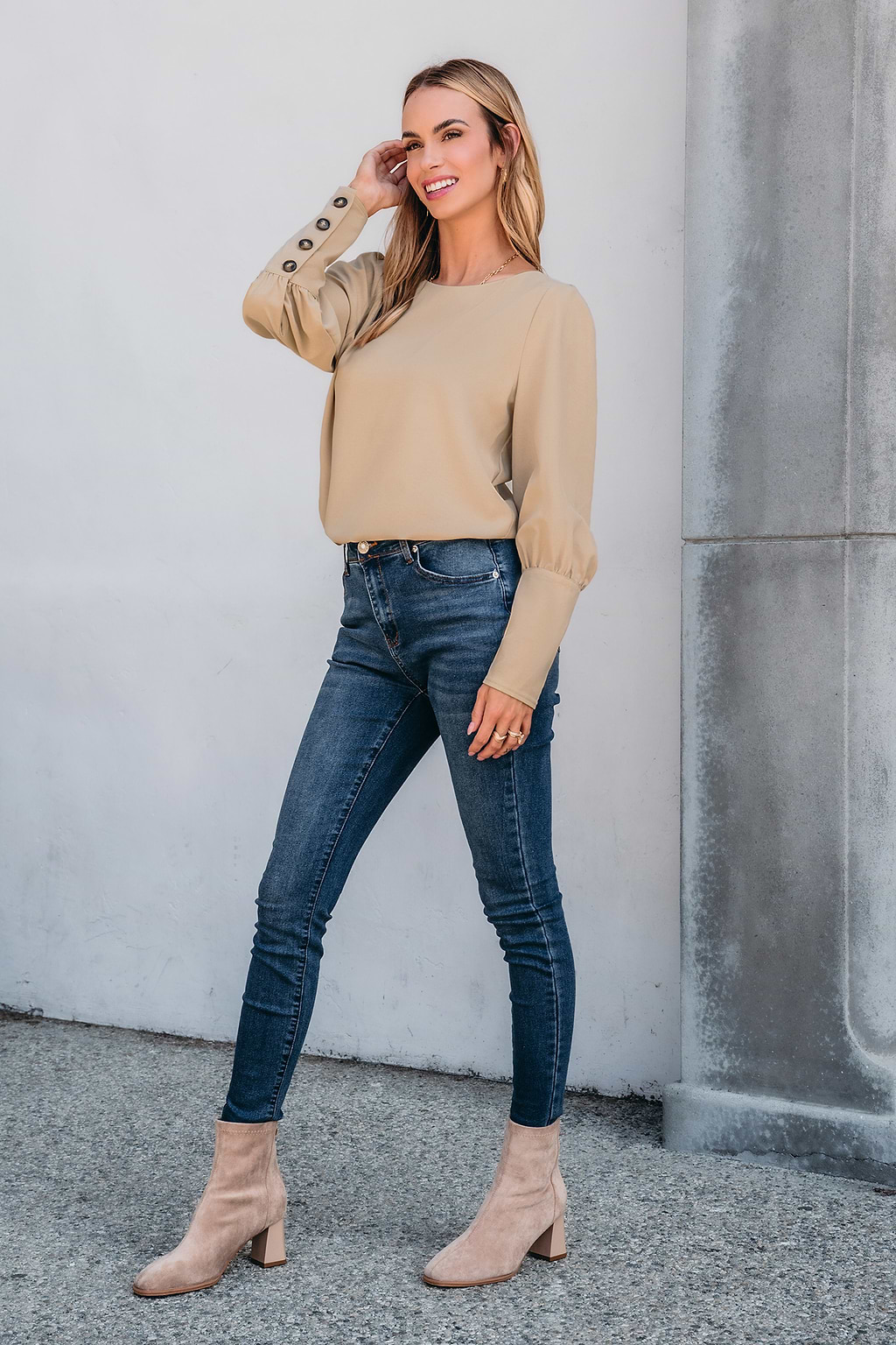 Khaki Round Neck Puff Sleeve Back Button Blouse