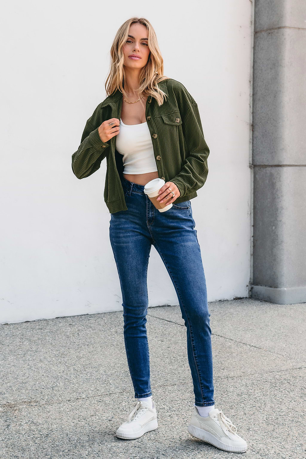 Green Corduroy Collared Long Sleeve Jacket