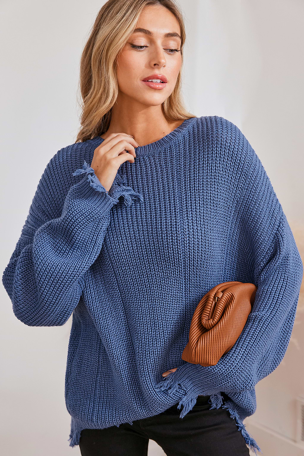 Blue Long Sleeve Distressed Knit Sweater