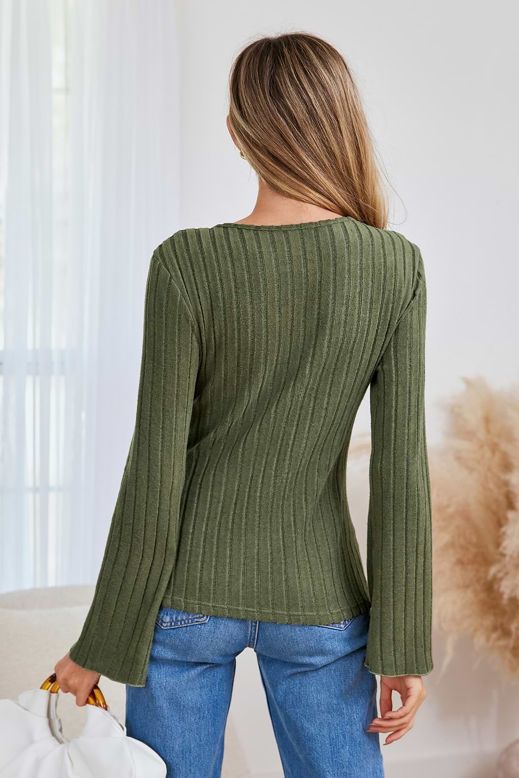Ribbed Knit Flared Sleeve V-neck Top