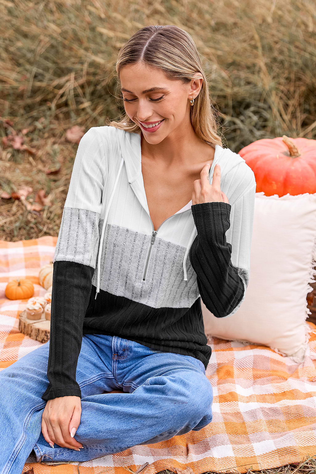 Colorblock Front Zip Hooded Top