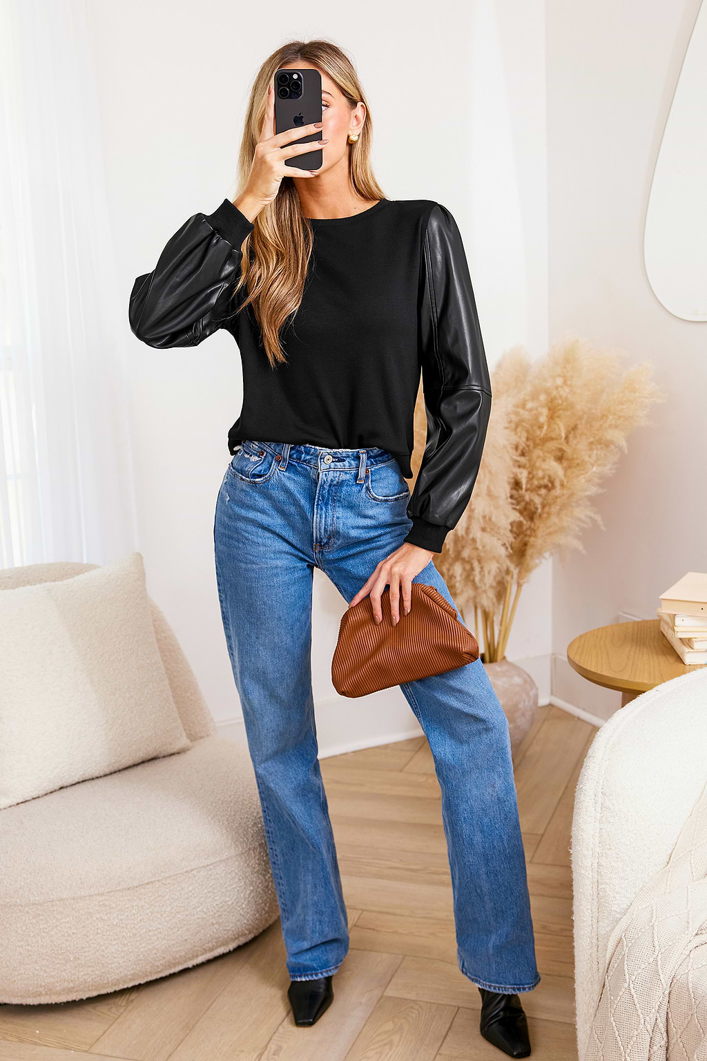 Faux Leather Sleeve Round Neck Top