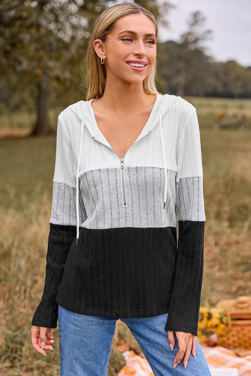 Colorblock Front Zip Hooded Top