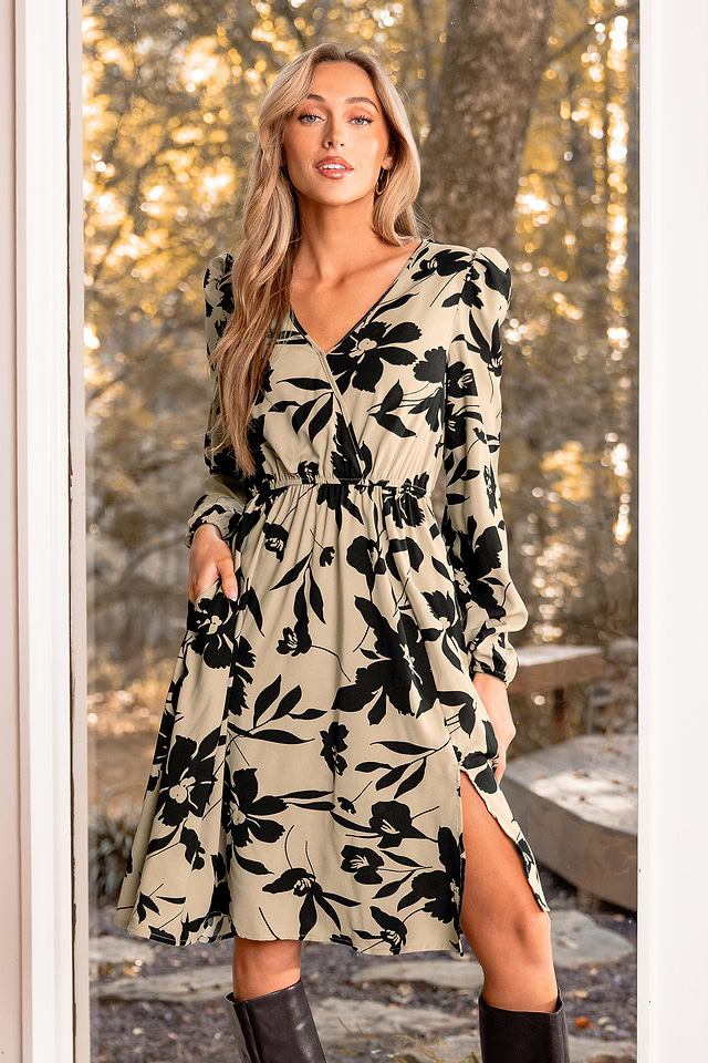 Zwarte en neutrale bloemen mini-jurk met overslag