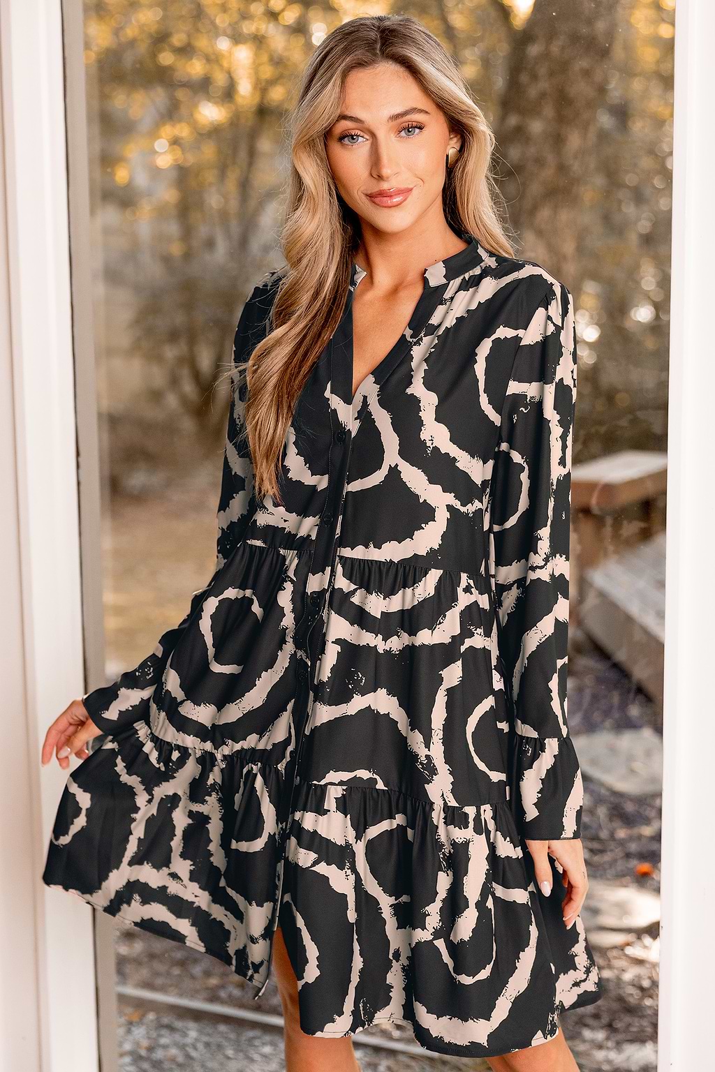 Coffee Brown Abstract Flared Sleeve Mini Shirt Dress