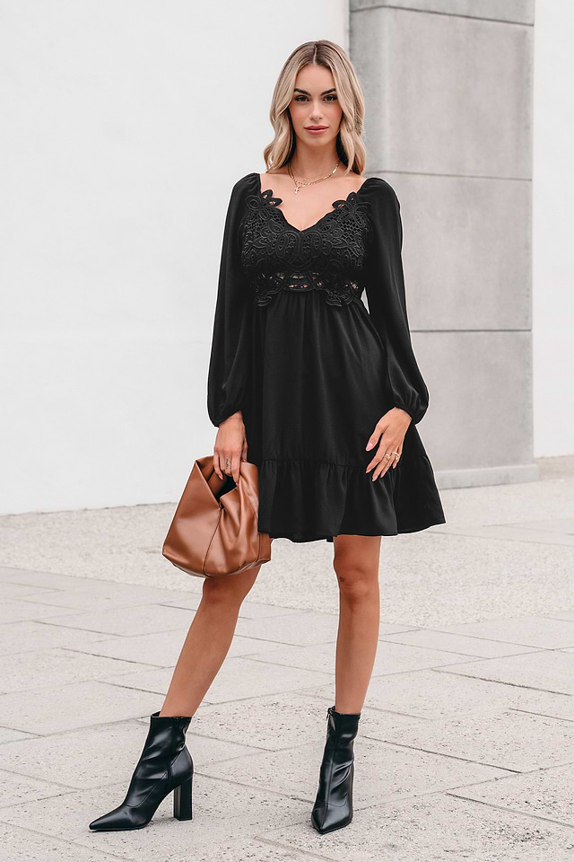 Black Lace Blouson Sleeve Mini Dress