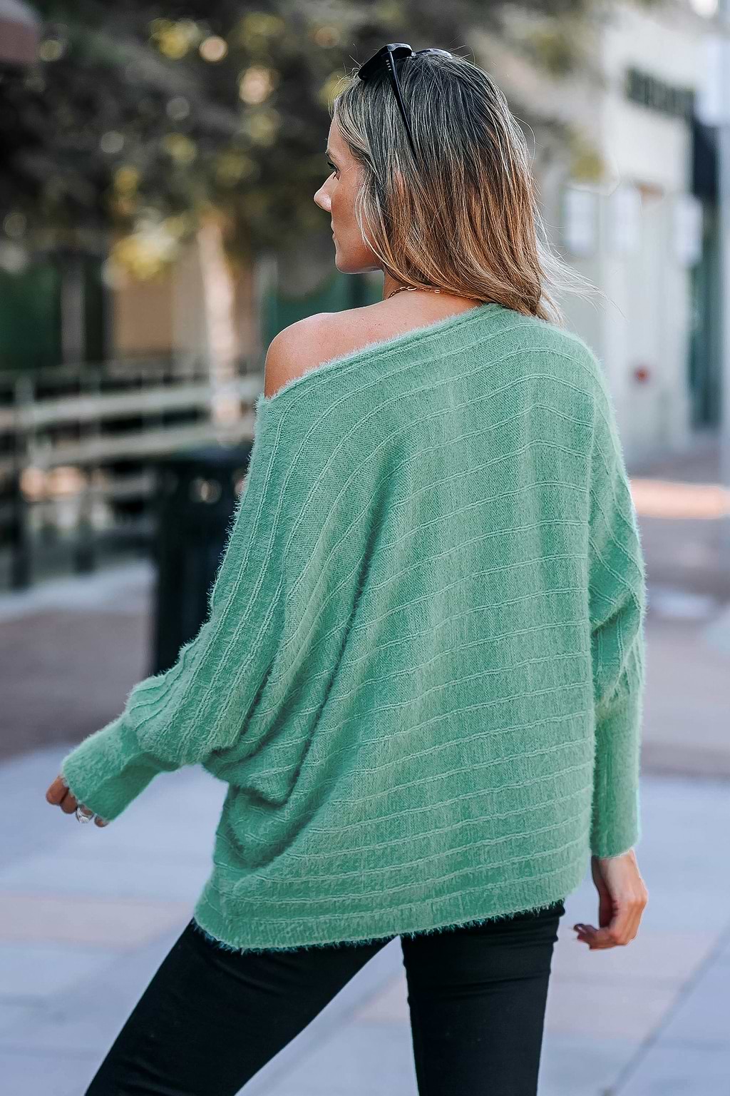 Green Off-Shoulder Puff Sleeve Sweater