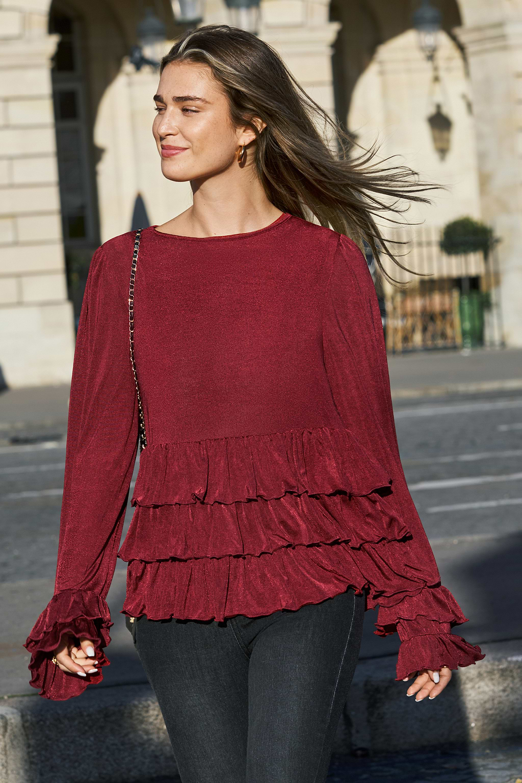 Burgundy Long Sleeve Tiered Ruffle Top