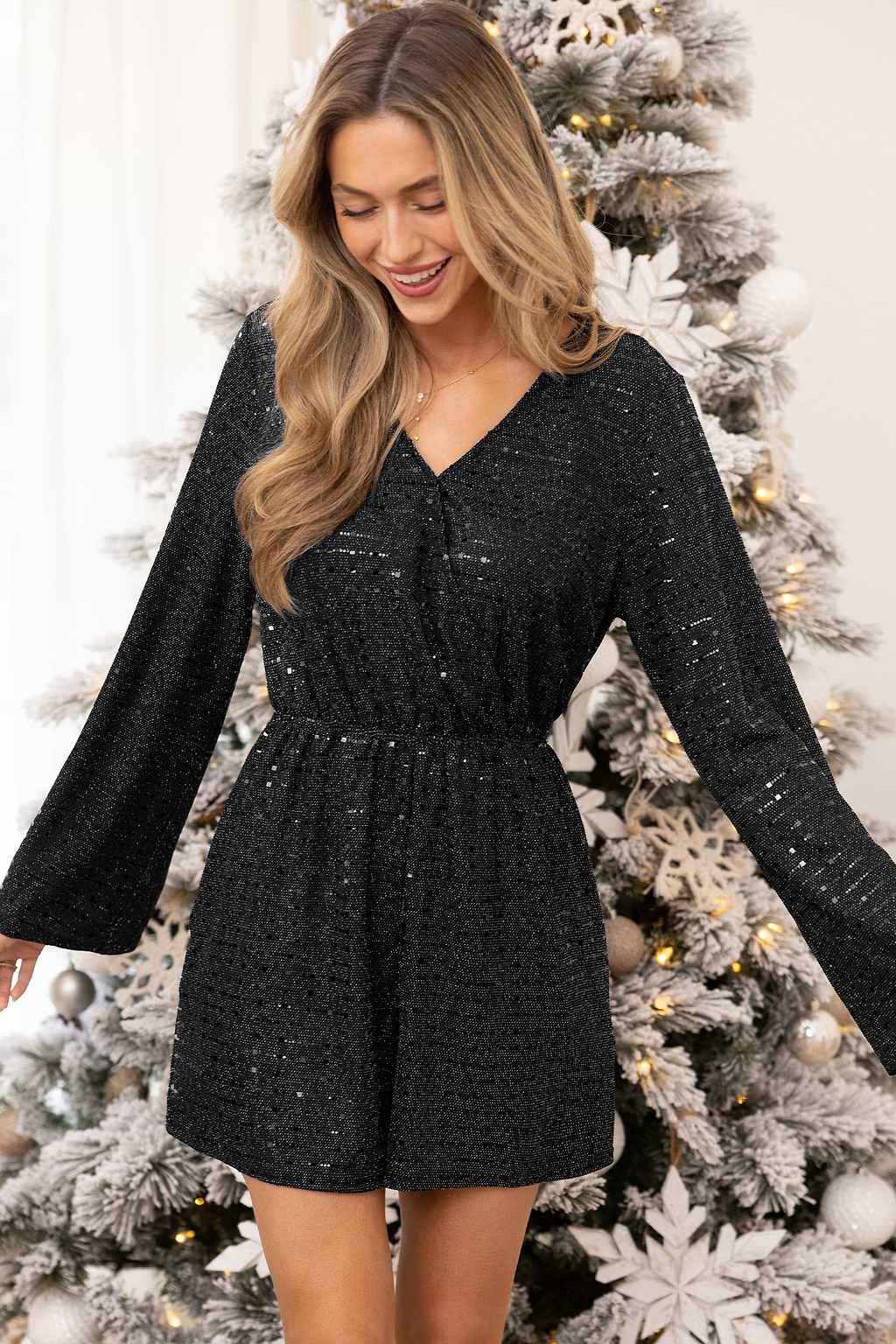 Black Sequin Long Sleeve Wide Leg Romper