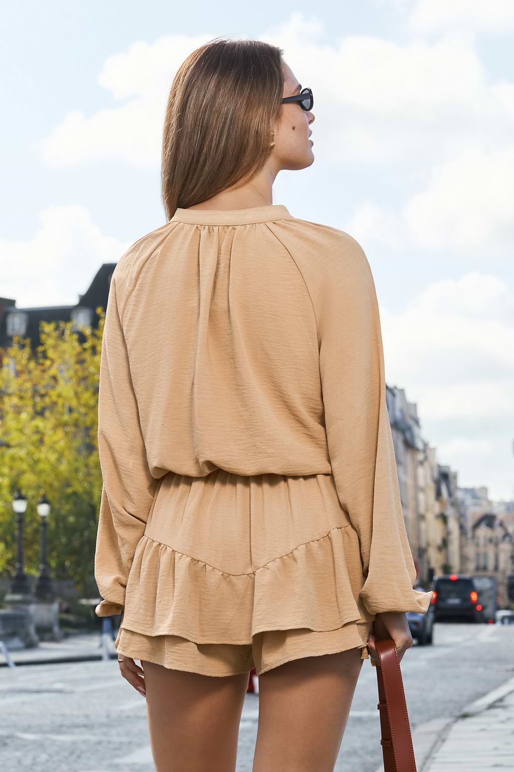 Sand Long Sleeve Ruffled Wide Leg Romper