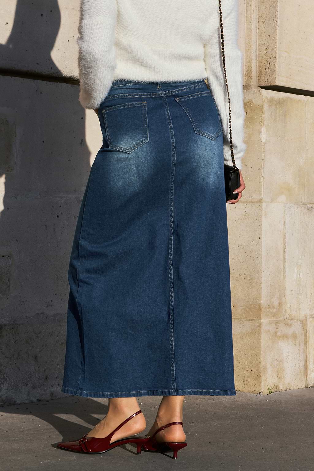 Blue Denim Split Hem Maxi Skirt