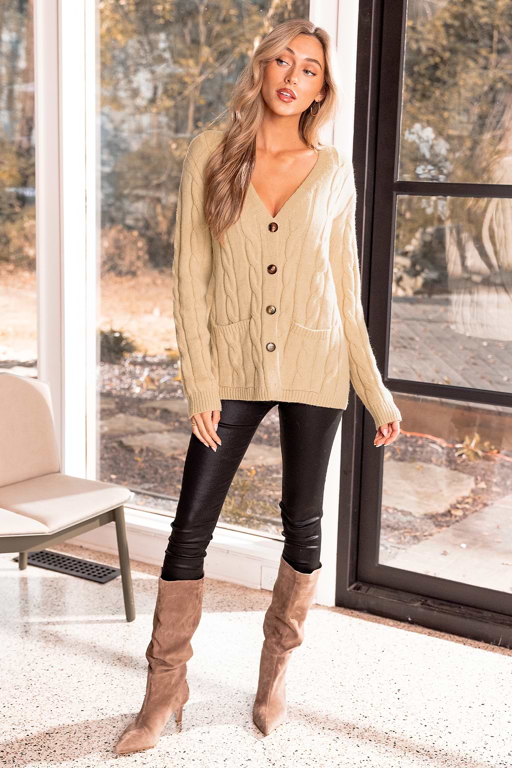 Khaki Wool-Blend Cable Knit Front Button V-Neck Cardigan