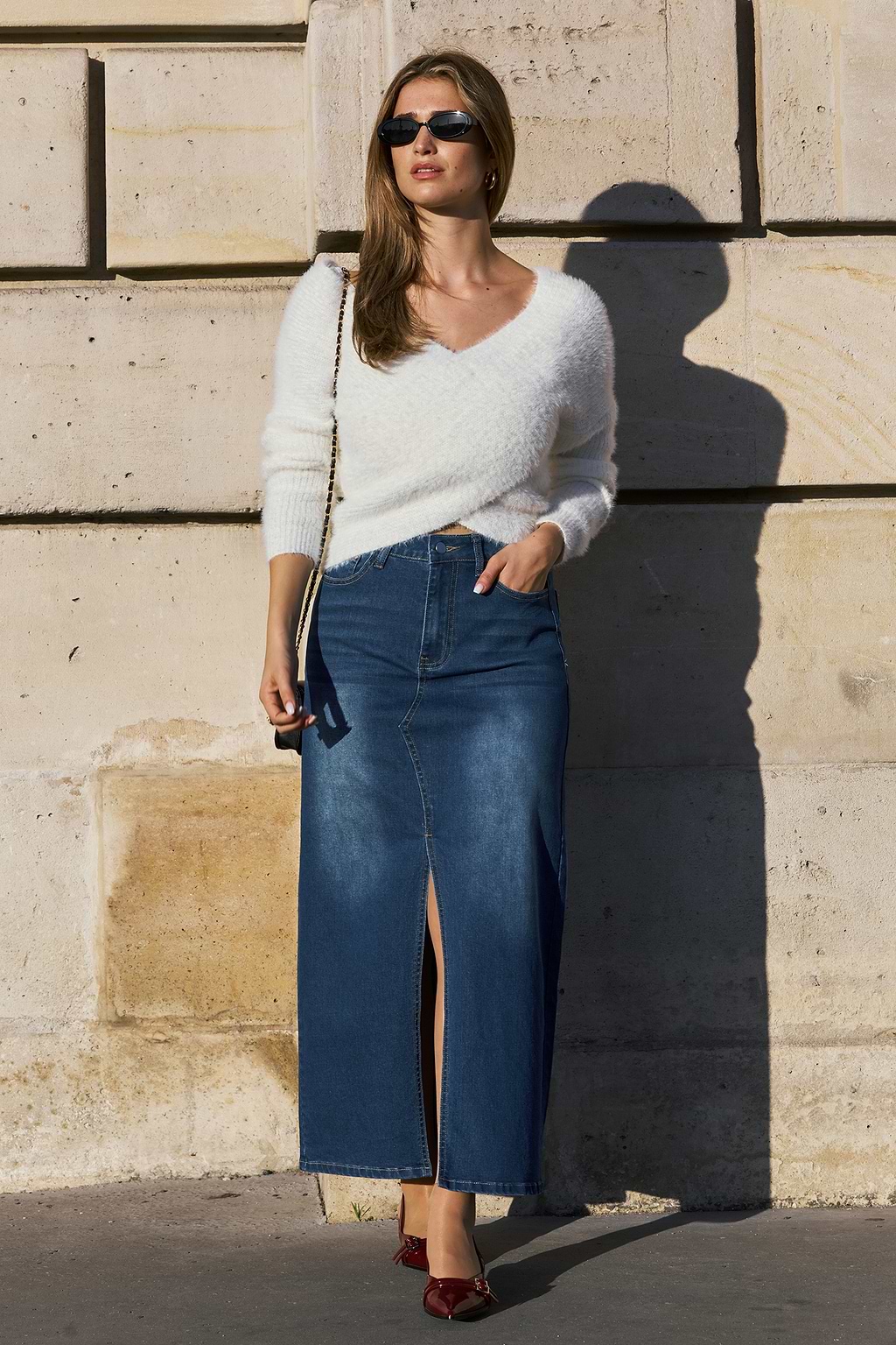 Blue Denim Split Hem Maxi Skirt