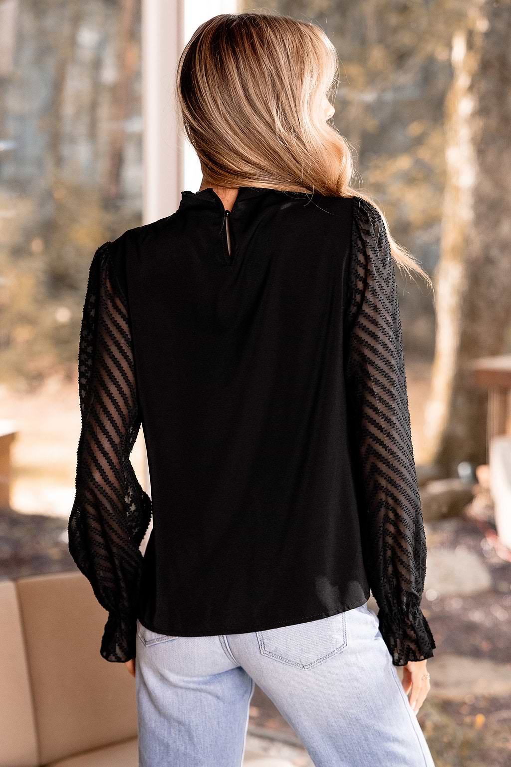 Black Standing Collar Sheer Long Sleeve Blouse