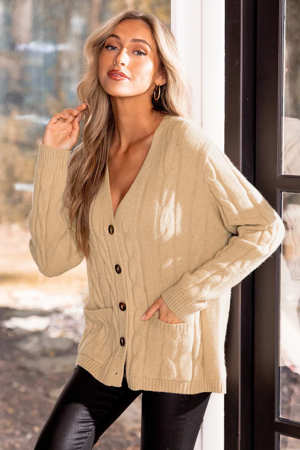 Khaki Wool-Blend Cable Knit Front Button V-Neck Cardigan