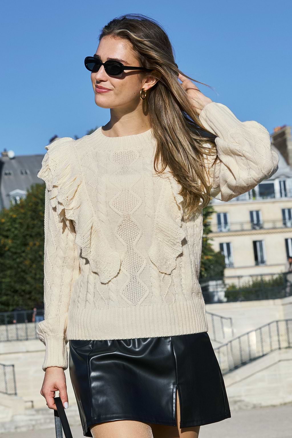 Beige Ruffled Puff Sleeve Cable Knit Sweater