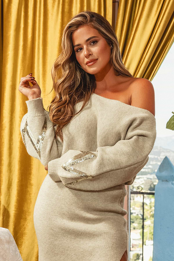 gold sequin sweater dress Reagan Fitted Sequin Dress - Gold Metallic Treasure Box Sequin Knit  The  Islands