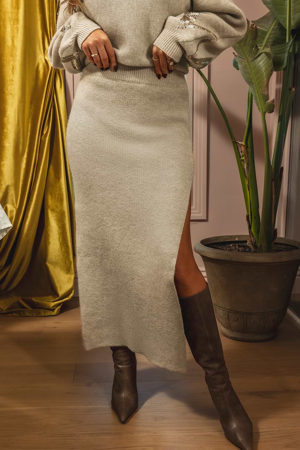 x JoJo Khaki Split Hem Maxi Sweater Skirt