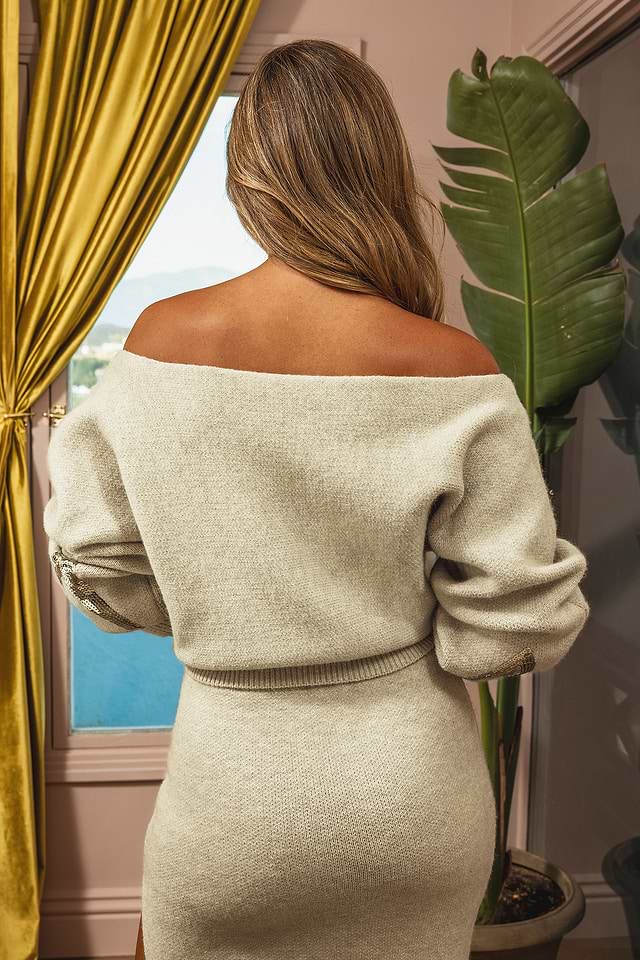 x JoJo Gold Sequin Off-Shoulder Sweater