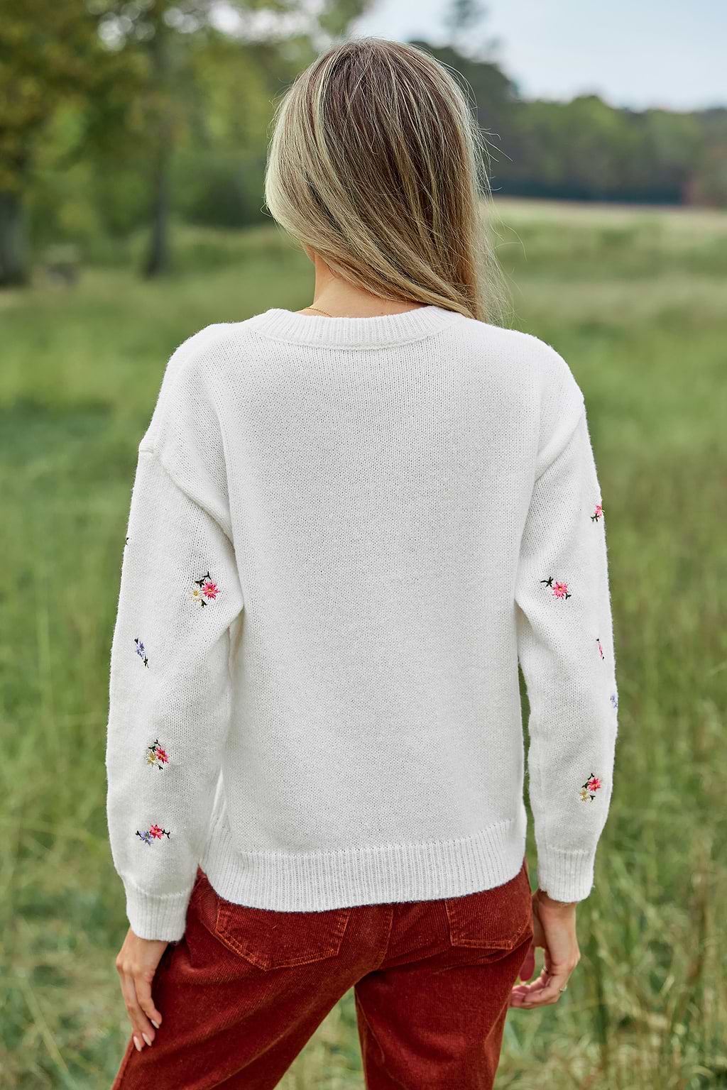 White Floral Embroidered Long Sleeve Sweater Top