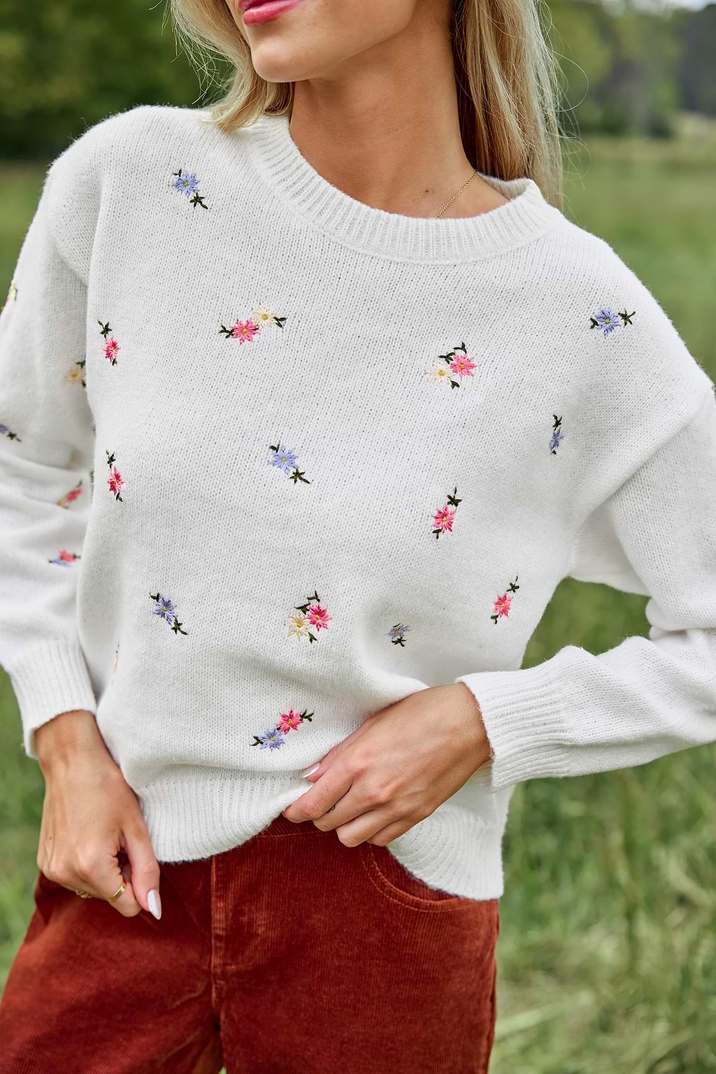 White Floral Embroidered Long Sleeve Sweater Top
