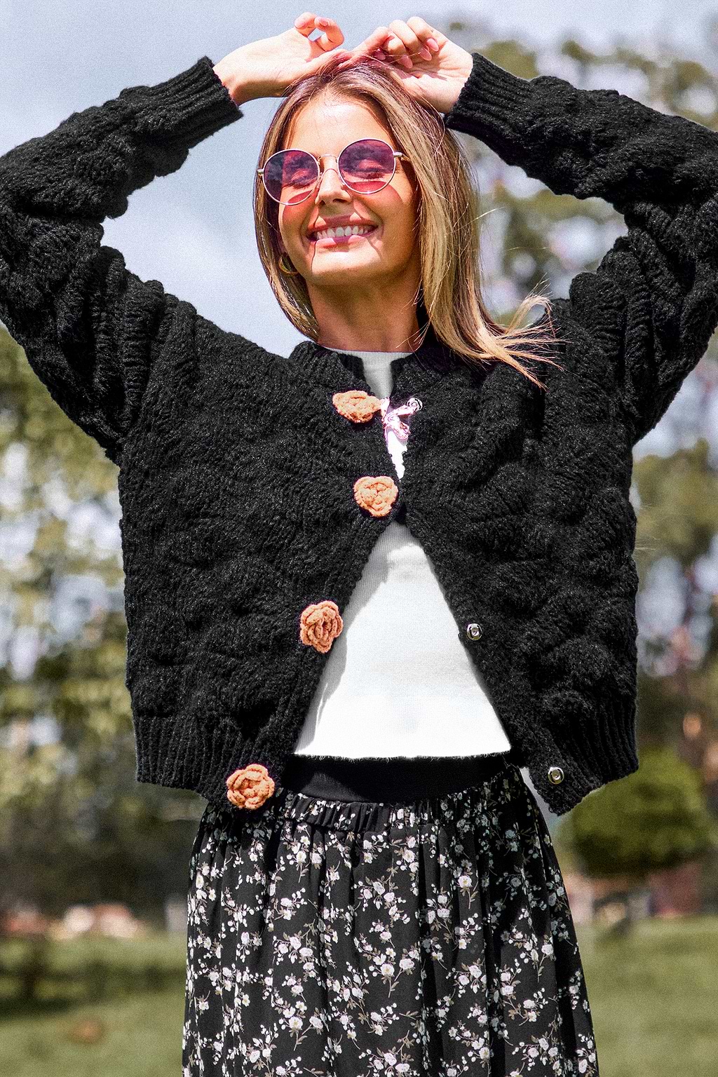 Black Cable Knit Long Sleeve Cardigan