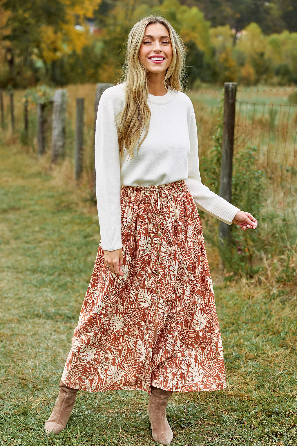 Neutral Tropical Split Hem Maxi Skirt