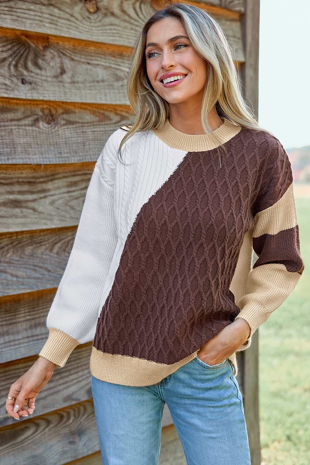 Colorblock Long Sleeve Round Neck Sweater
