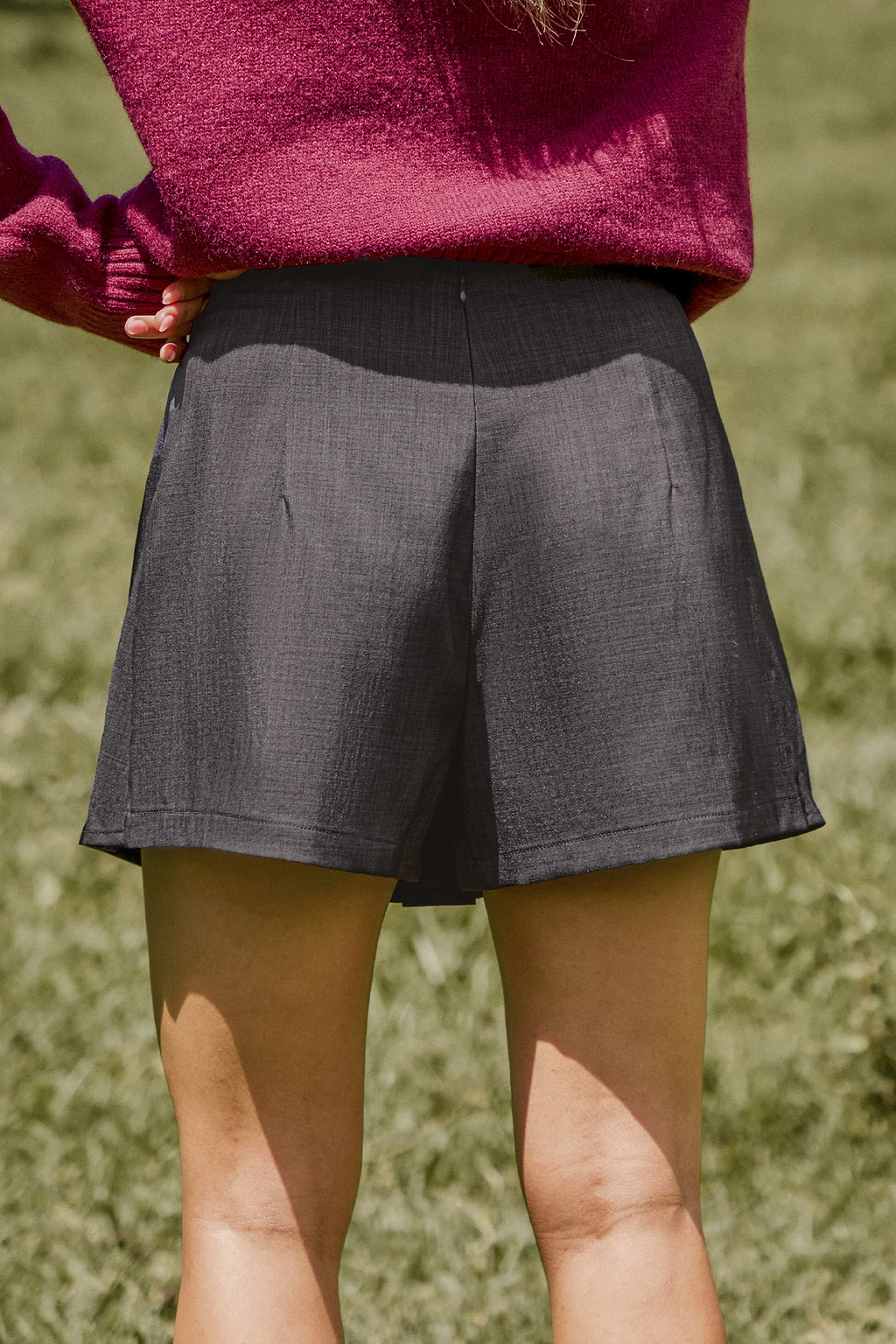 Charcoal Grey Pleated Flared Leg Bow Shorts