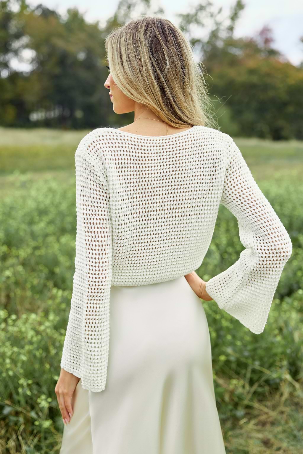 Neutral Crochet V-Neck Cropped Sweater