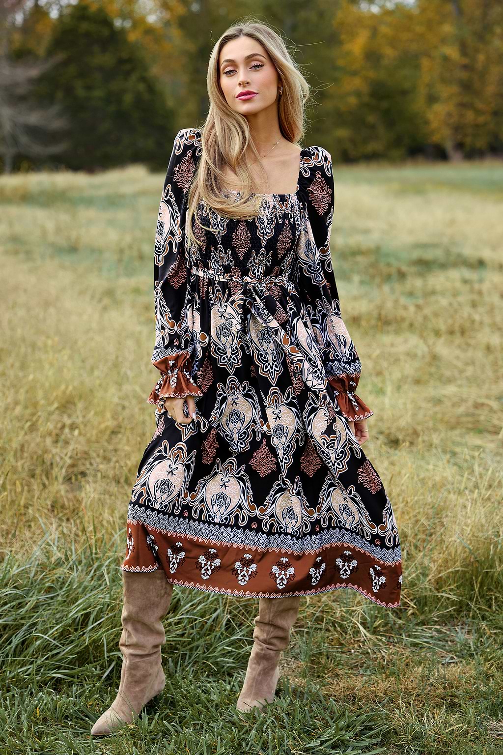 Black Ornate Square Neck Ruffle Cuff Midi Dress