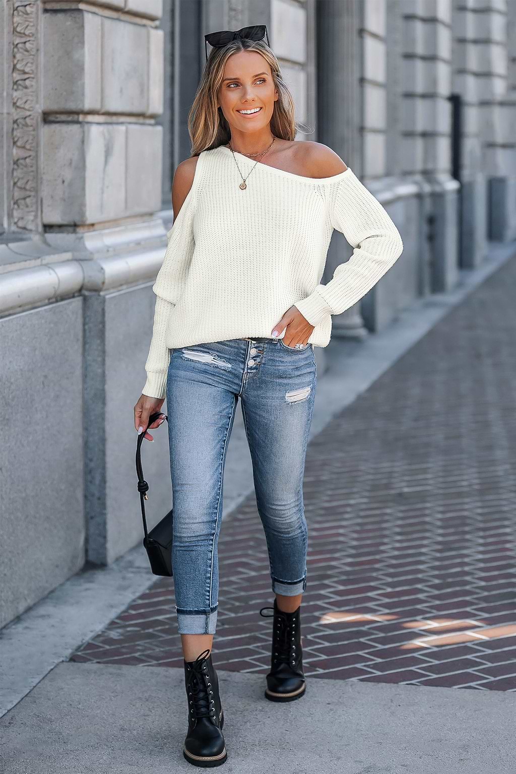 White Off-Shoulder Cutout Long Sleeve Sweater