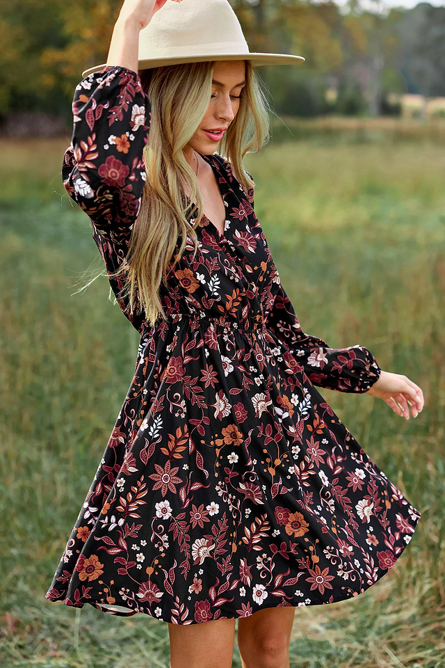 Black & Orange Floral Long Sleeve Mini Dress