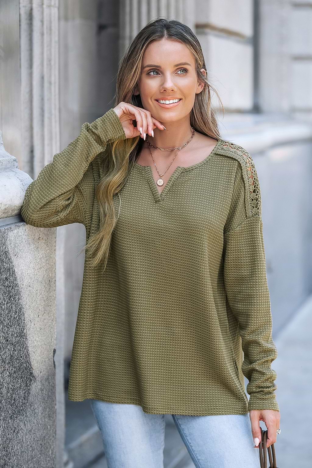 Green Knit Notched Neck Long Sleeve Top