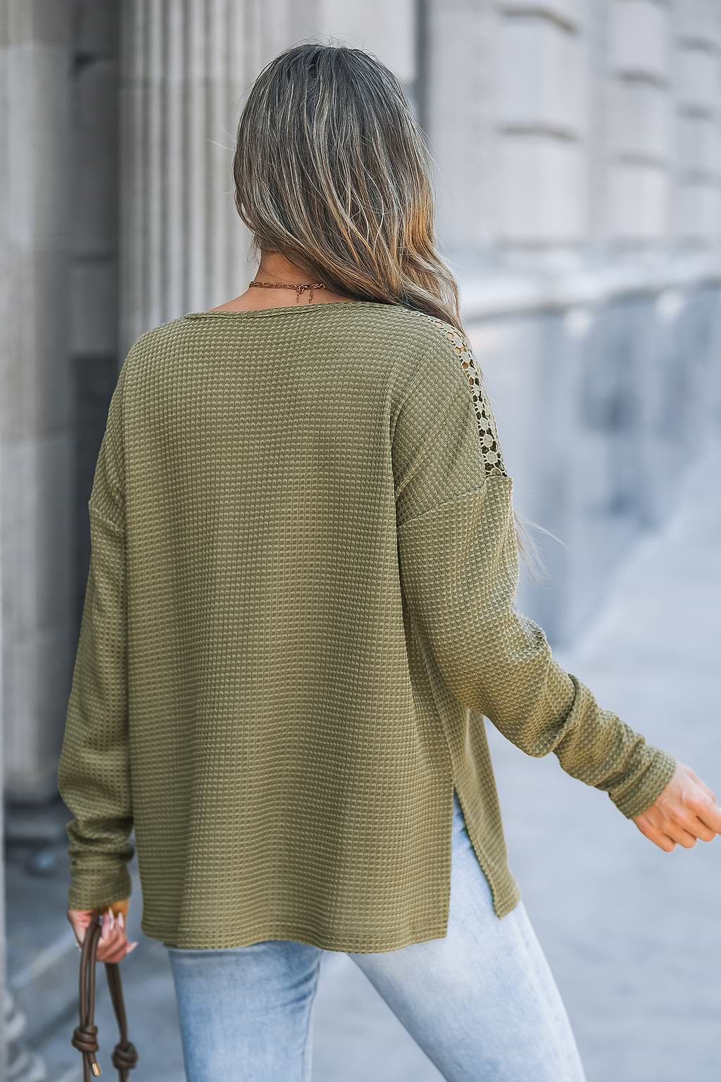 Green Knit Notched Neck Long Sleeve Top