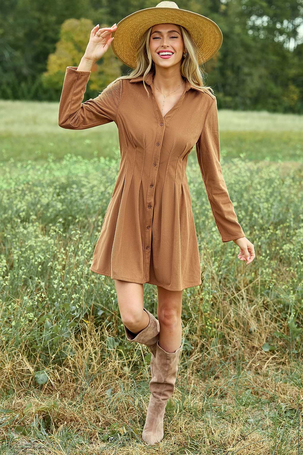 Tan Corduroy Collared Long Sleeve Mini Shirt Dress