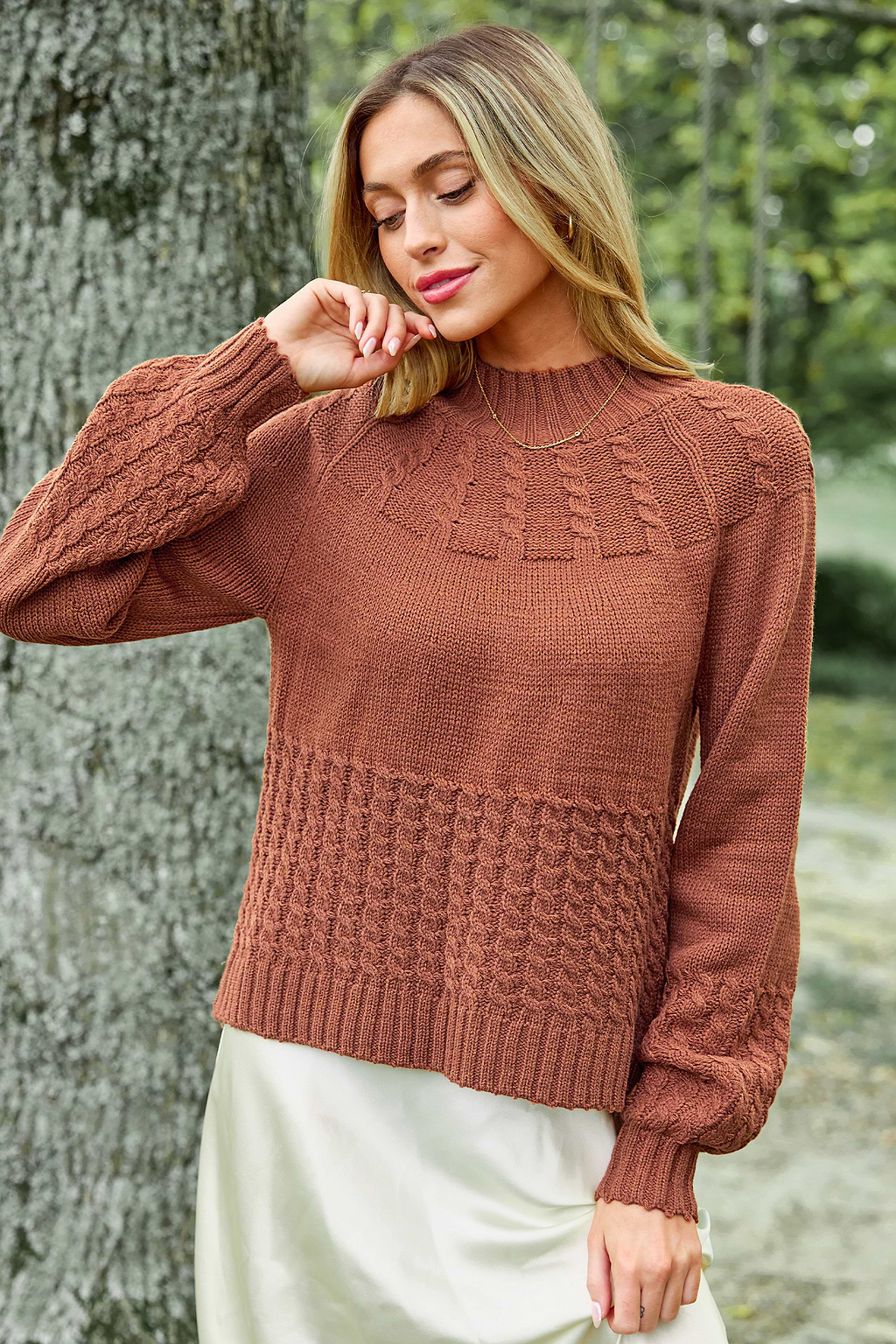 Brown Puff Long Sleeve Mockneck Sweater