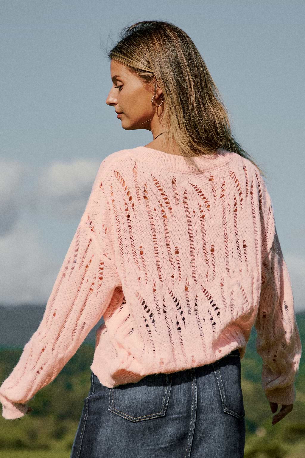 Pink V-Neck Long Sleeve Knit Cover-Up