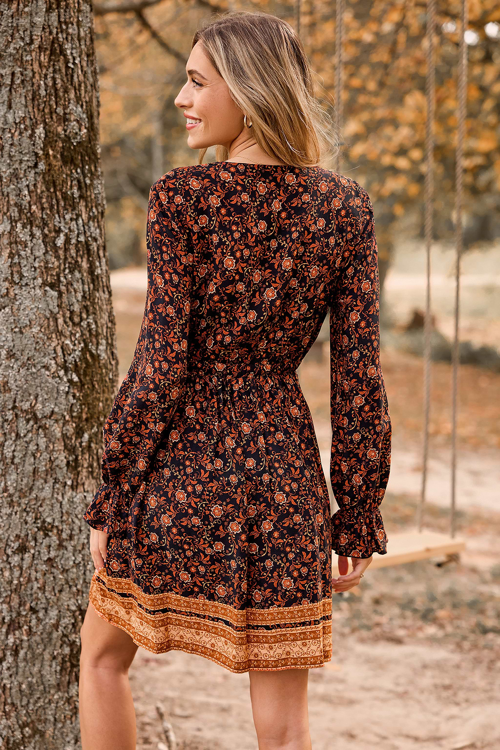 Orange Floral Long Sleeve Mini Dress