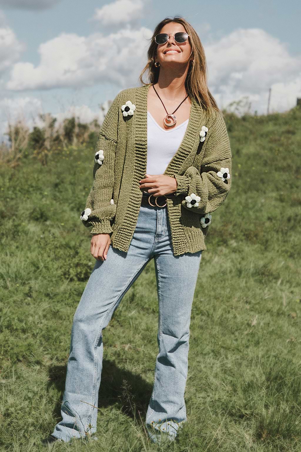 Green 3-D Floral Cardigan