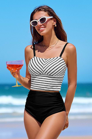Striped Square Neck Tankini Top High-Waisted Bottoms Set-Cupshe UK