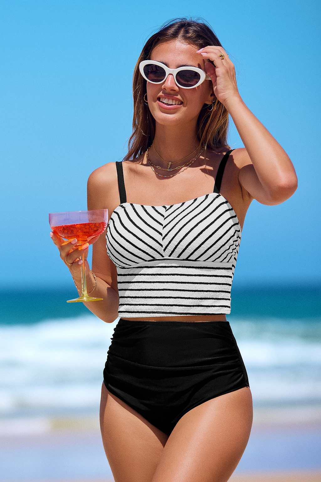 Striped Square Neck Tankini Top & High-Rise Bottoms Set