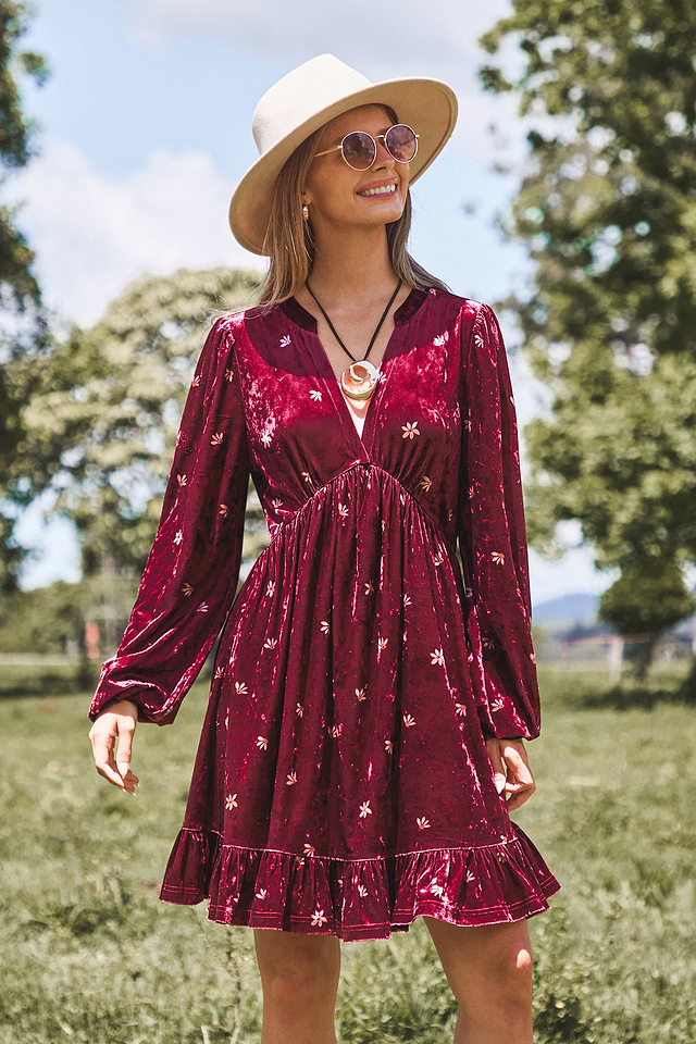 long sleeve red velvet mini dress womens Velvet Long Sleeve Mini Dress in Maroon Crush