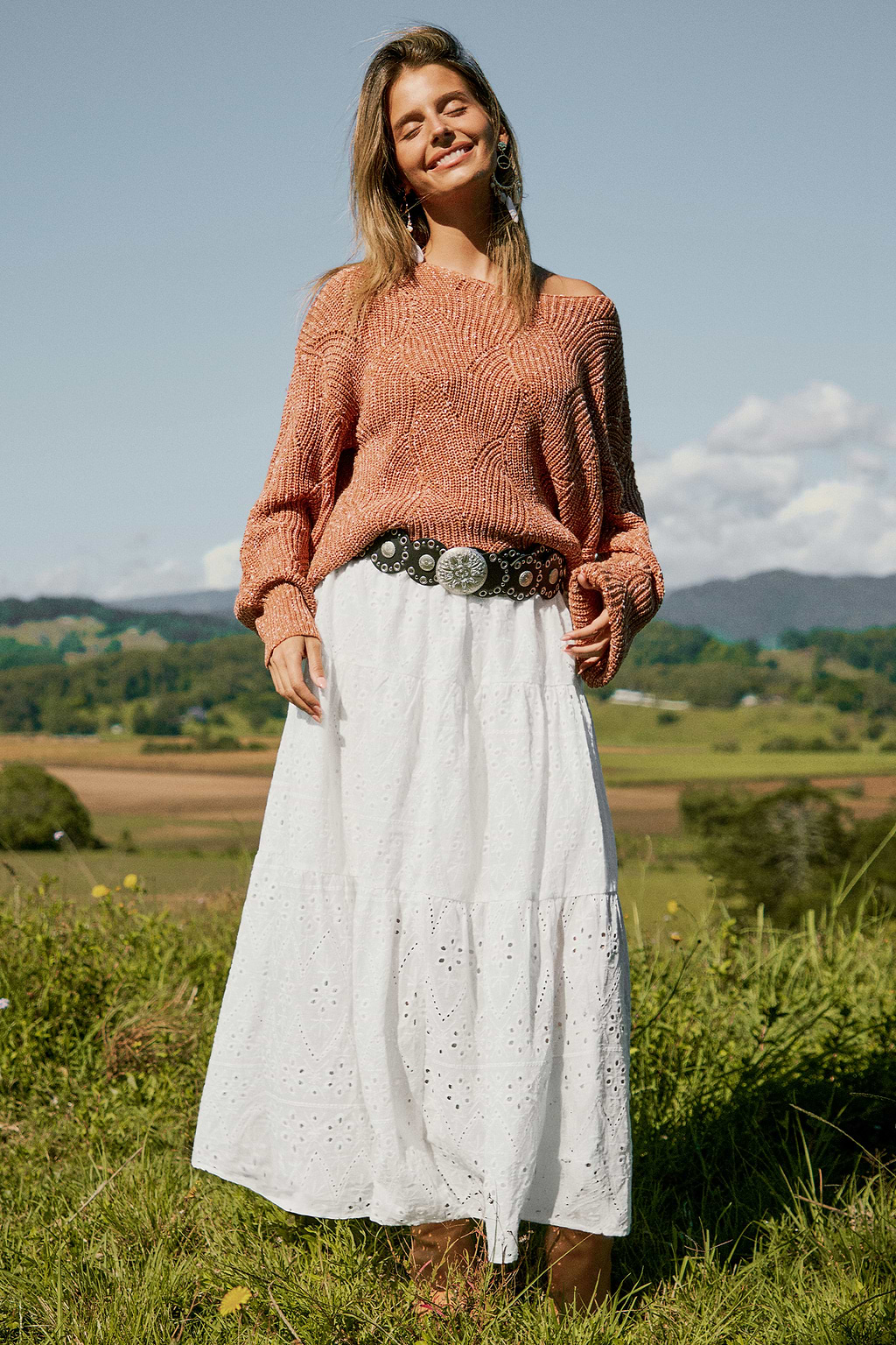 White Cotton Eyelet Midi Skirt