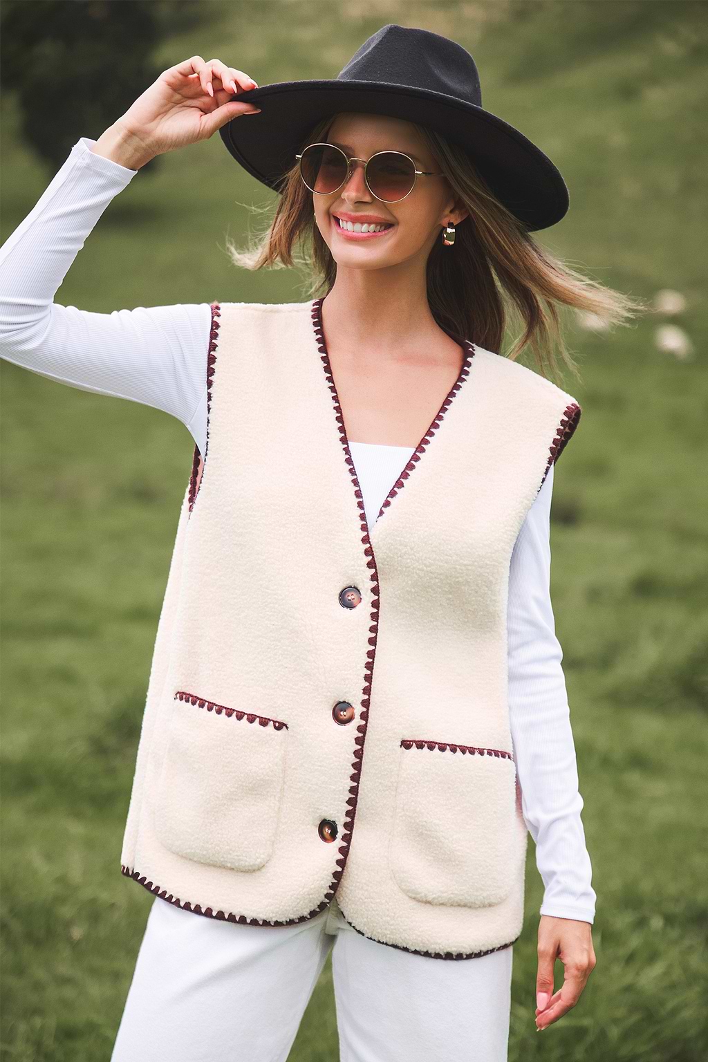 Beige V-Neck Button Up Vest