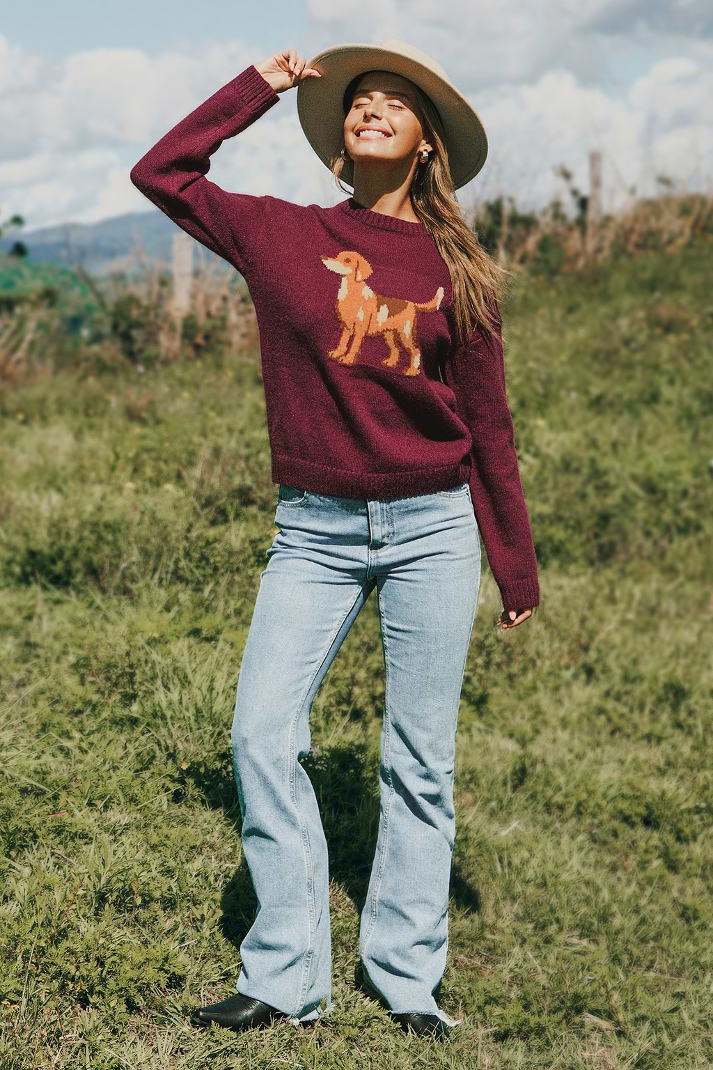 Burgundy Round Neck Long Sleeve Beagle Sweater