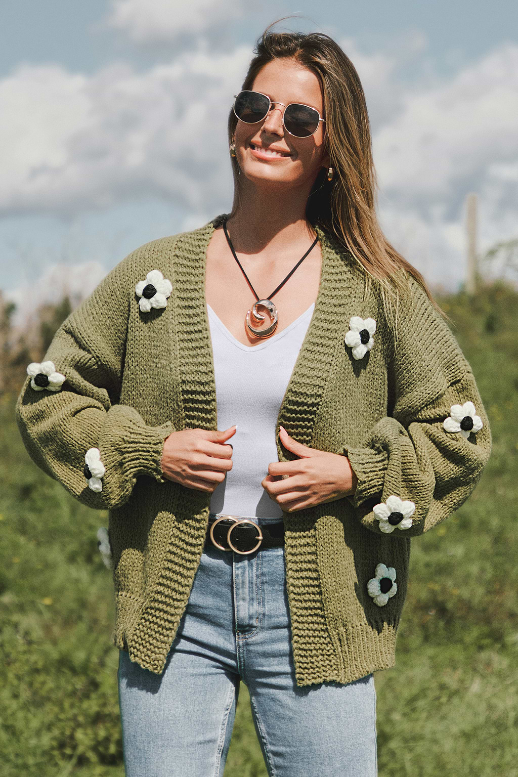 Green 3-D Floral Cardigan