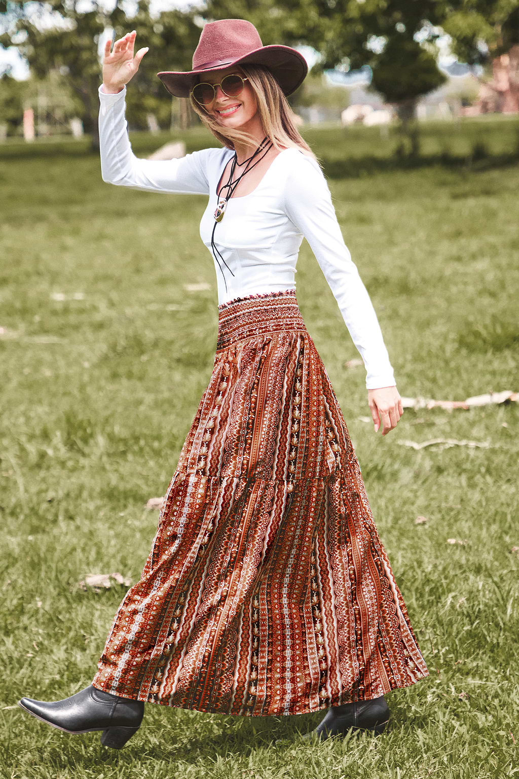 Boho Smocked Waist Maxi Skirt